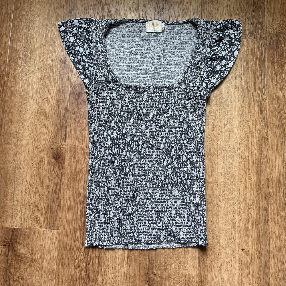 Nation‎ LTD 100% Cotton Floral Smocked Flutter Sleeve Top Size XS